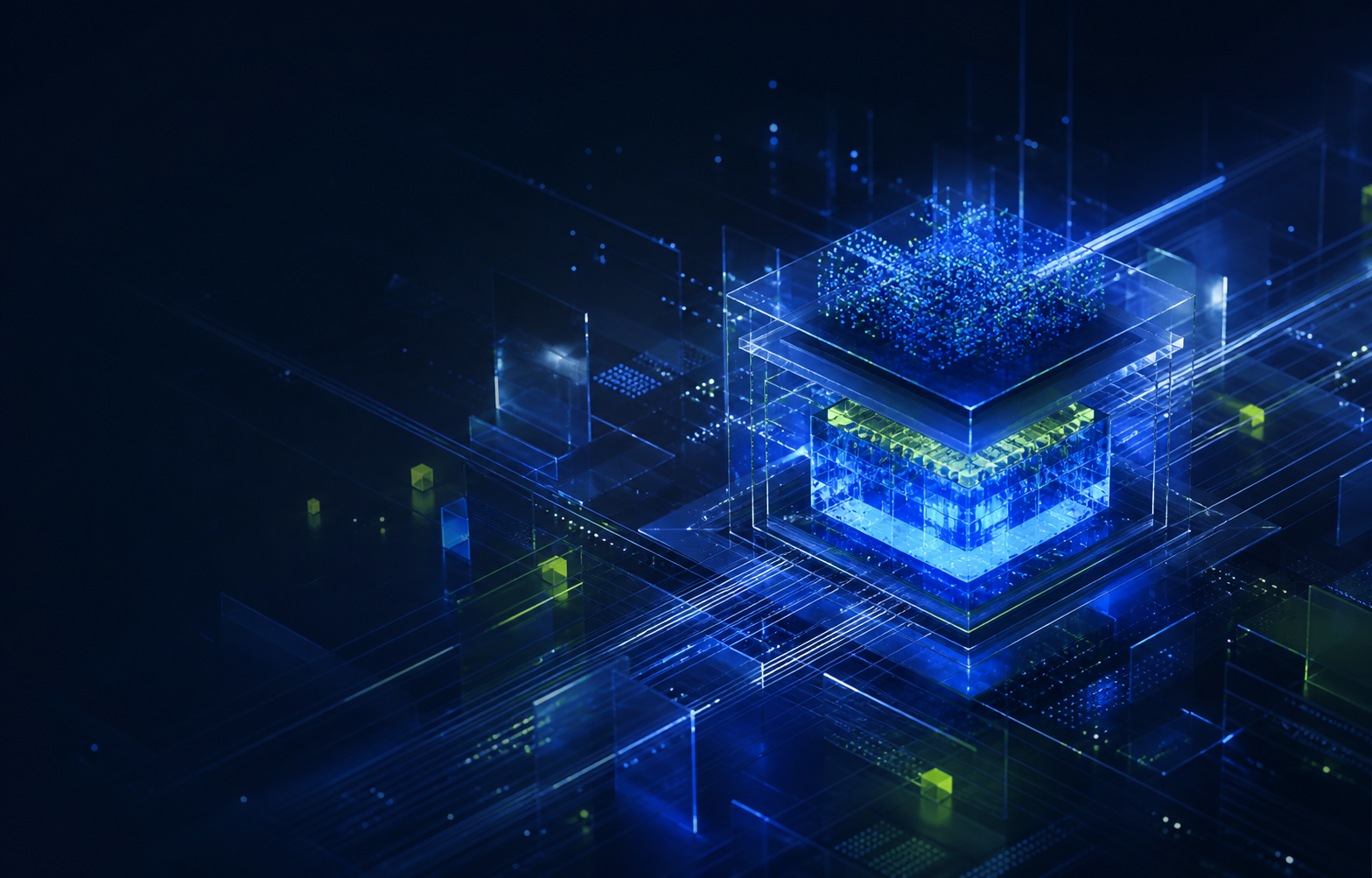 Visual abstrato de tecnologia em azul e verde